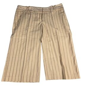 Tan Striped Wide Leg Crop Pants Lace Trim Waistband Brown Pinstripe Trouser